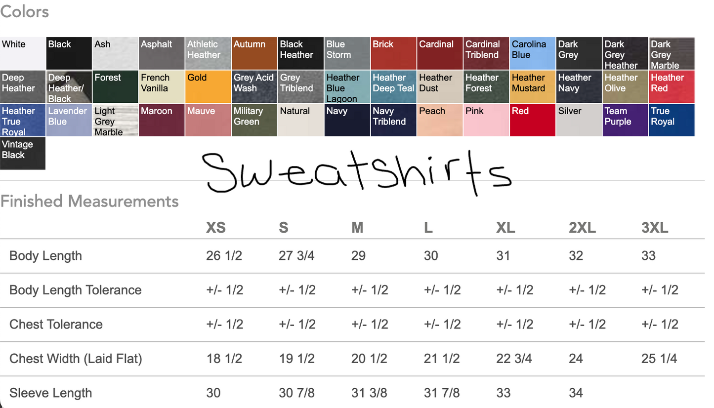 a chart with different colors of sweatshirts